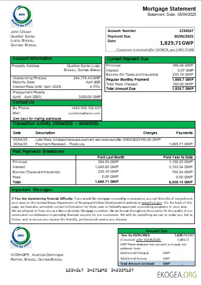 Guinée, Bissau Banco da Uniao relevé hypothécaire bancaire scr